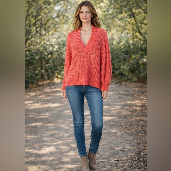 Anthropologie Sweaters - Anthropologie Vibrant Coral V-Neck Sweater